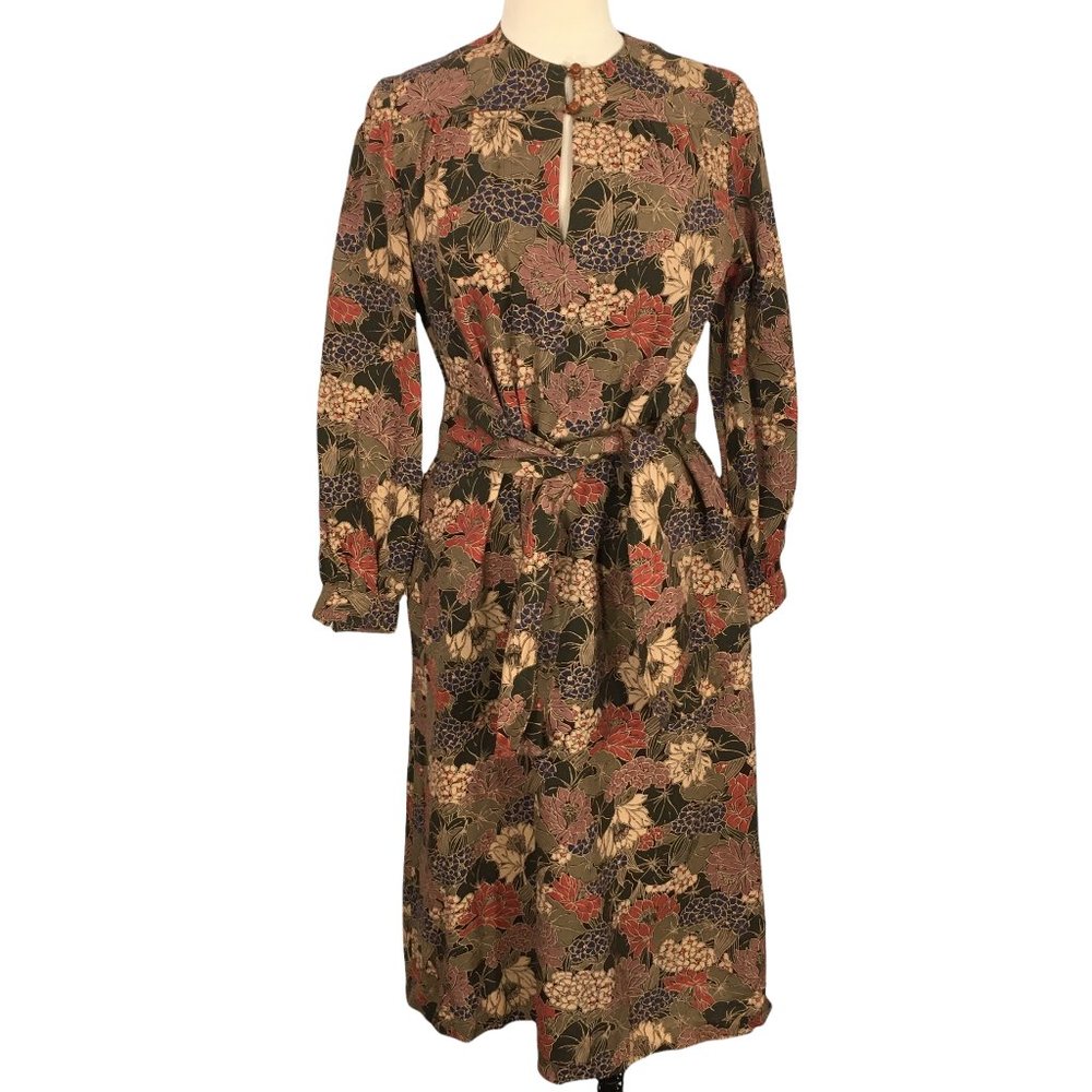 A.S. Casuals Brown Floral Sheath Dress with‎ Sash and Headscarf, sz 14